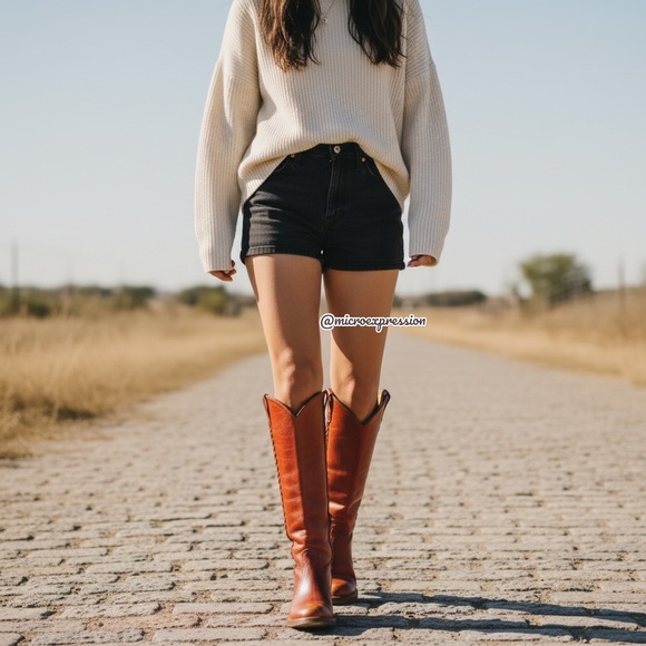 VINTAGE 1970s Frye Leather Red-Brown Leather Braided Knee High Block Heel Boot - Picture 2 of 16